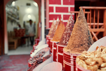 Exotic spices on moroccan street market.