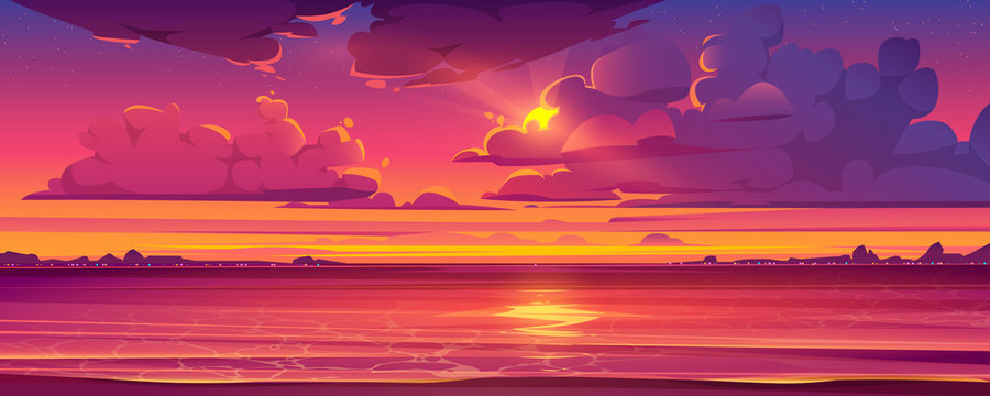 Sea sunset. Tropical landscape of ocean with sky, clouds and water in red light of evening sun. Vector cartoon summer seascape with city lights and coastline silhouette on horizon