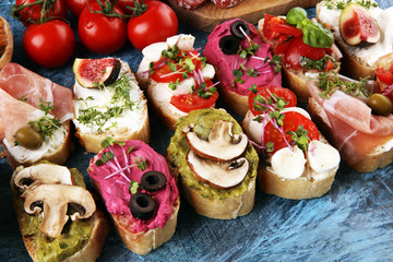 Assorted bruschetta with various toppings. Appetizing bruschetta or crudo crostini. Variety of small sandwiches. Mix bruschetta with tomatoes and basil