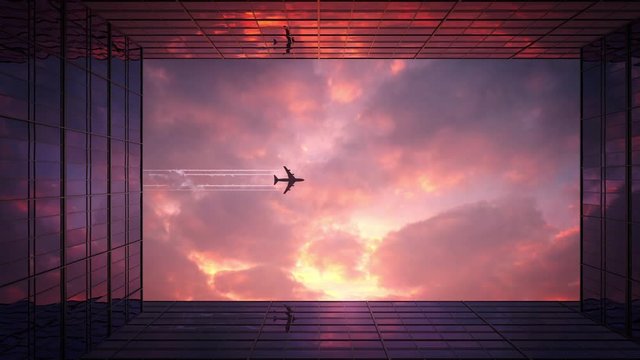 The plane flies over the skyscrapers. Wonderful video composition with sunset