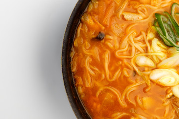 Noodles with thick noodles on a white background