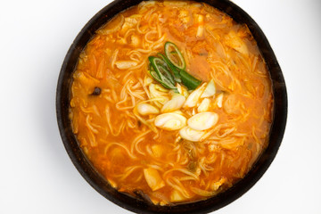 Noodles with thick noodles on a white background