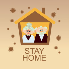 Stay home. Elderly couple sitting home during the quarantine or self-isolation. Health care concept. Global viral epidemic or pandemic. Fears of getting coronavirus. Flat vector illustration
