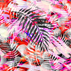 Feuilles tropicales. Feuilles d& 39 aquarelle d& 39 un arbre, palmiers, fougère, ortie, rouge abstrait des éclaboussures. Aquarelle abstraite fond transparent, motif, tache, éclaboussure de peinture, tache, divorce, couleur. Motif tropique