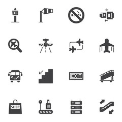 Airport vector icons set, modern solid symbol collection, filled style pictogram pack. Signs, logo illustration. Set includes icons as flight control tower, airport runway, baggage Carousel, airplane