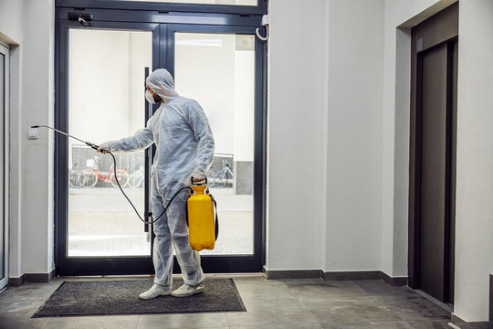 Sanitizing interior surfaces. Cleaning and Disinfection inside buildings, the coronavirus epidemic. Professional teams for disinfection efforts. Infection prevention and control of epidemic. 
