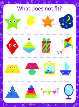Educational game for children. We study the geometric shapes of a star, a rhombus, a trapezoid, a triangle. What does not fit