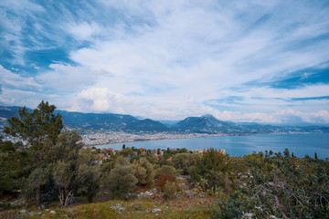 Beautiful view of Alanya city with mountains and sea bay.