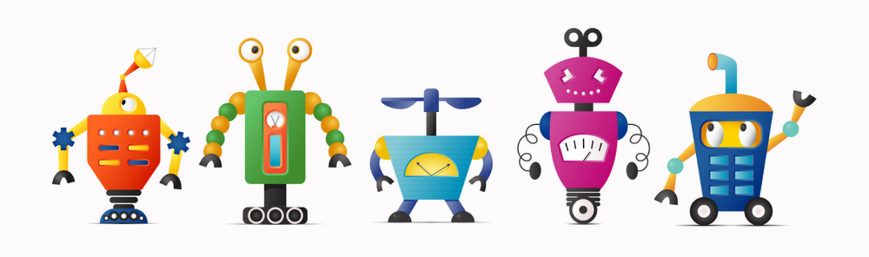 Set of cute vector robot characters for kids. Robotics and artificial intelligence