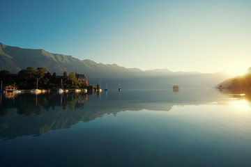 Beautiful swiss landscape. Iseltwald vilage on Brienzersee lake.