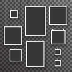 Photo picture gallery poster hang rope paper template transparent wall background mockup design vector illustration