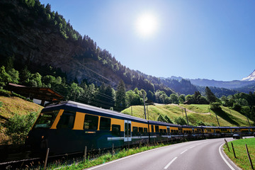 Obraz na płótnie Canvas Yellow-green train running through the Swiss Alps.