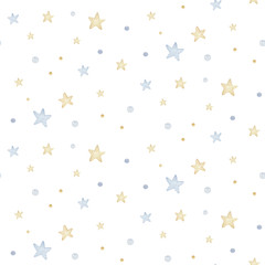 Watercolor seamless pattern moon and stars. Nursery wallpaper children's room. Kids Good night. prints, postcards, © kris_art