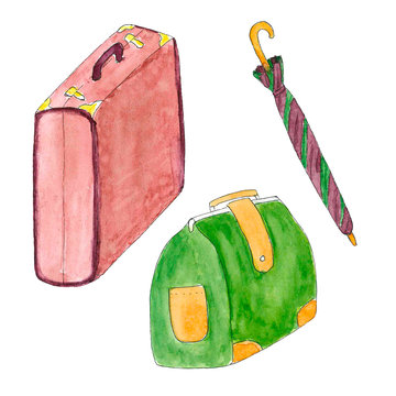 Watercolour set of suitcase, carpet bag and umbrella