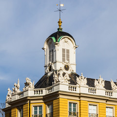 Roof details of Side-Buildings and Clocktower of Castle Karlsruhe. In Karlsruhe,...