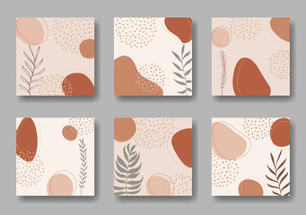 Set of six vector square backgrounds with abstract forms and leaves ornament	
