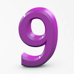 Number 9 on White Background.3D Rendering 