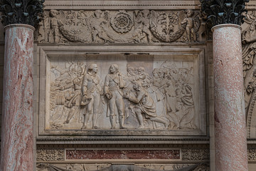Architectural fragments of Carrousel Triumphal Arch (Arc de Triomphe du Carrousel) at Paris Tuileries gardens. Carrousel Arch (1808) built to commemorate Napoleon's military victories. Paris. France.