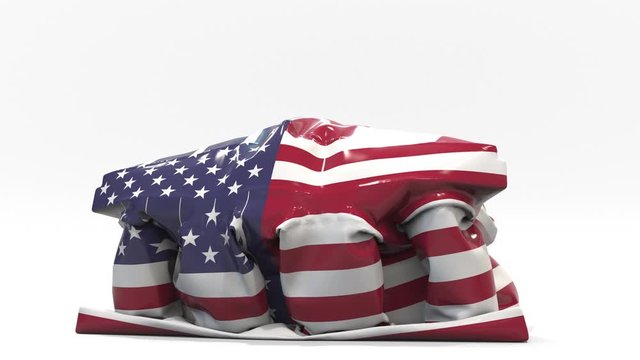 Deflating inflatable bank or government buiding with printed flag of the USA. American economic or political crisis related conceptual 3D animation