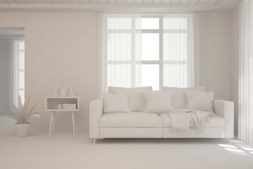 White minimalist living room with sofa. Scandinavian interior design. 3D illustration