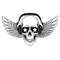 Vector skull in headphones with wings. Logo for shirt, musical poster