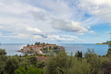 Beautiful view of the island in the Adriatic Sea and the rocky shore.