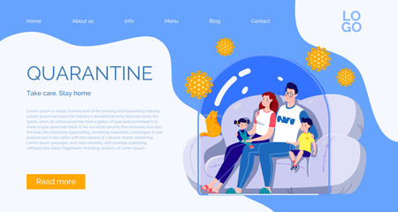 The concept of quarantine self-isolation. The family is sitting on the couch under a glass cap and watching TV. Virus protection. Vector. Flat cartoon style