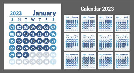 2023 calendar. New year planner design. English calender. Blue color vector template. Week starts on Sunday. Business planning.
