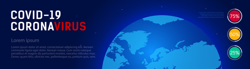 Web banner with the globe in space and the inscription Covid 19, Coronovirus. Evidence of disease, cure, death. Worldwide pandemic concept. Vector illustration