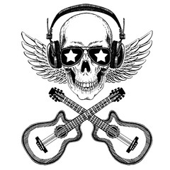 Vector skull in headphones with guitars. Logo for shirt, musical online school, internet education, tattoo, poster.