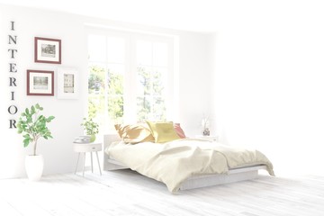 White bedroom interior. Scandinavian design. 3D illustration
