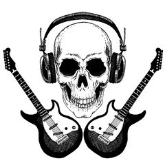 Vector skull in headphones with guitars. Logo for shirt, musical online school, internet education, tattoo, poster.