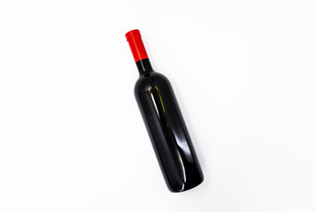 Red Wine and a Bottle isolated on white background.Mock-up.High resolution photo.Top view