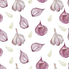 Watercolor seamless pattern vegeterian healthy food. Hand painted garlic and onion. Eco food for the textile fabric and wrapping paper, textile fabric, the web page design cookbook, menu.