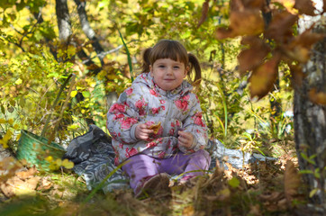 A child on a walk in the autumn forest in the fresh air actively spends time