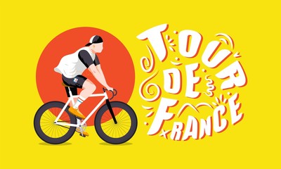 Tour de France men's multiple stage bicycle race horizontal vector illustration with young bike racer on yellow background. Sport competitions and outdoor activity. Sportswear and equipment. - obrazy, fototapety, plakaty