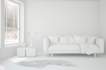 White minimalist living room with sofa. Scandinavian interior design. 3D illustration