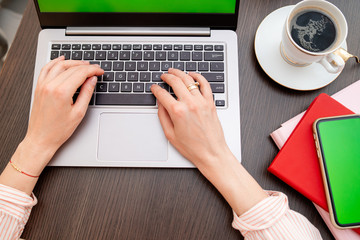 Close up of female hands and laptop with blank screen. Mock-up of computer monitor. Copyspace ready for design or text.