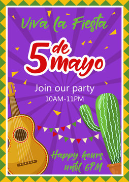 Cinco de mayo invitation banner, poster for mexican traditional fiesta. Mexican guitar and cactus. Vector