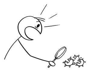 Vector cartoon stick figure drawing conceptual illustration of man, doctor or scientist looking at laboratory sample and find coronavirus COVID-19.