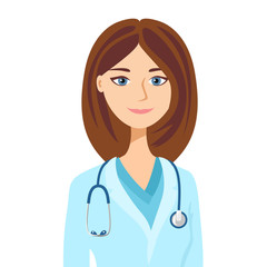 Female doctor with stethoscope icon. Vector illustration of woman healthcare worker Isolated on white background.  Cartoon flat style.