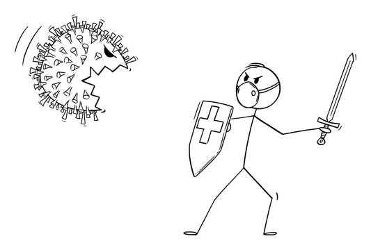 Vector cartoon stick figure drawing conceptual illustration of medical staff, doctor or medic or nurse wearing face mask fighting with sword and shield with coronavirus covid-19 monster.
