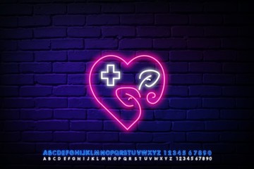 Neon sign of a pharmacy in the shape of a heart. A glowing cross in a green circle on a brick background. Night bright advertising. Vector illustration in neon style for service, health, medicine