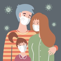 Family in medical masks on faces.