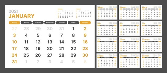 Wall calendar template for 2021 year. Planner diary in a minimalist style. Week Starts on Sunday. Monthly calendar ready for print.