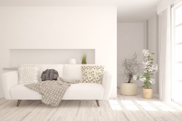 White living room with sofa. Scandinavian interior design. 3D illustration