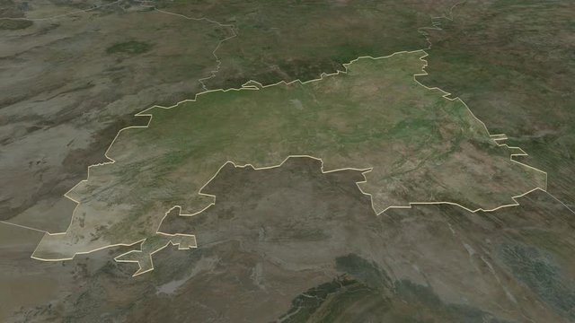 Khomas, region with its capital, zoomed and extruded on the satellite map of Namibia in the conformal Stereographic projection. Animation 3D