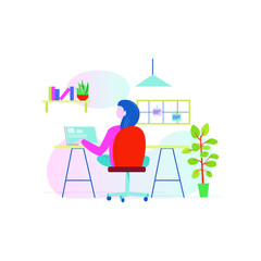 Fototapeta premium Working at home on quarantine, concept illustration. Young people, mаn and womаn freelancers working on laptops and computers at home in quarantine. Vector flat style illustration