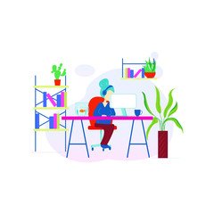 Working at home on quarantine,  concept illustration. Young people, mаn and womаn freelancers working on laptops and computers at home in quarantine. Vector flat style illustration