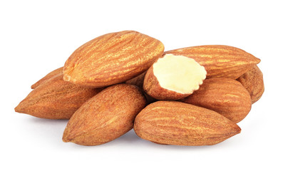 Almond nuts heap isolated on white background